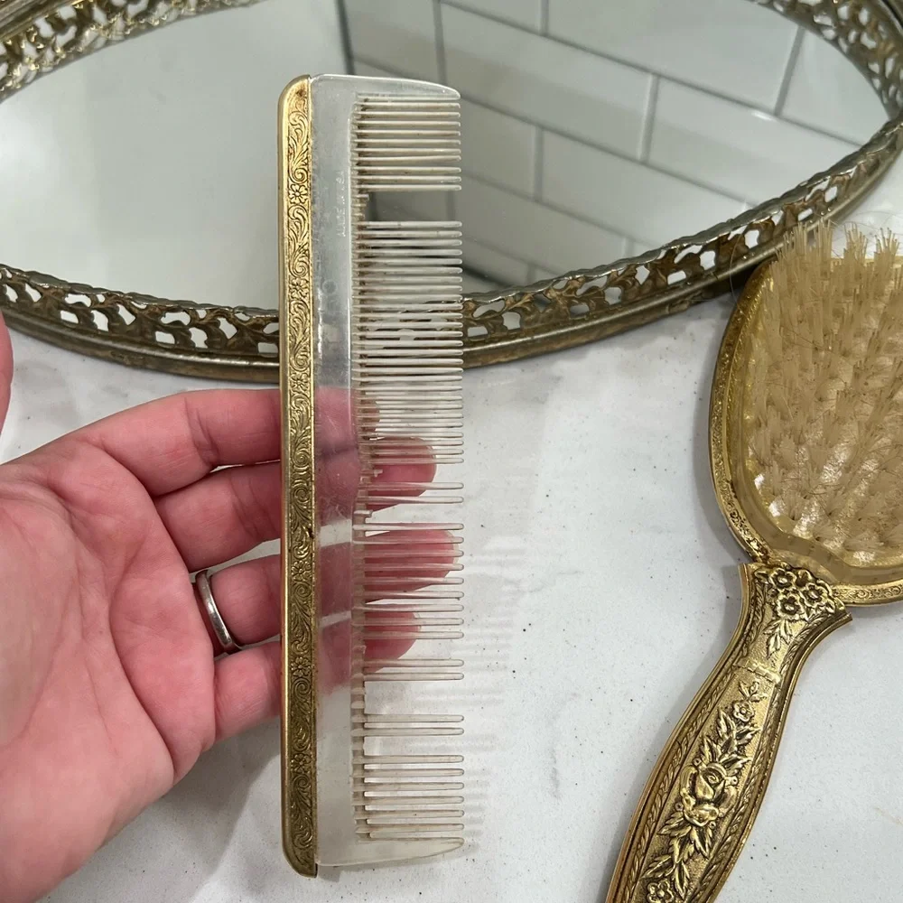 Gold Filigree Antique Vanity Hollywood Mirror Tray 4 Piece Set Victorian